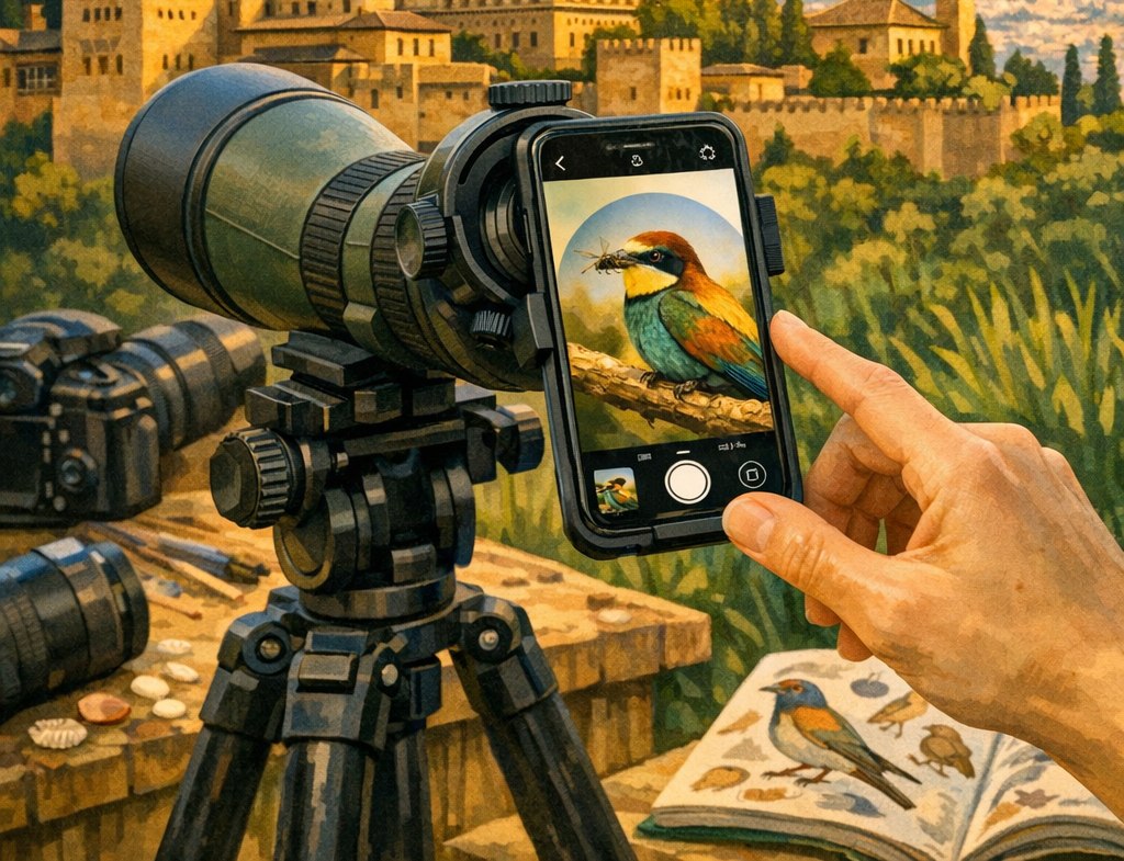 Cartel del taller de digiscoping en el Jardín Botánico Atlántico