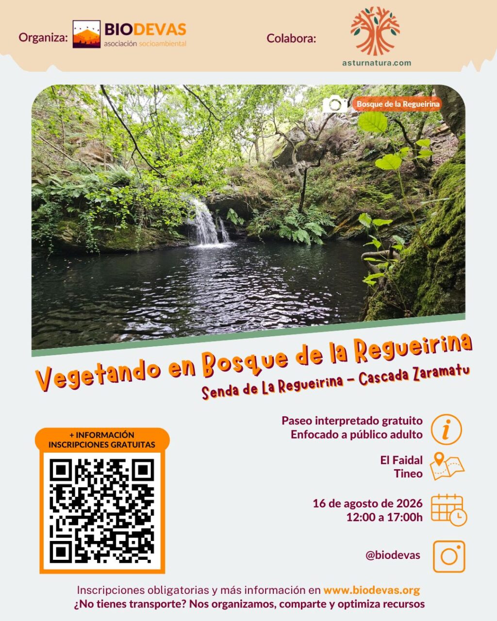 Cartel de la actividad Vegetando por el bosque de la Regueirina, con la cascada de Zaramatu y los datos de la salida del 16 de agosto