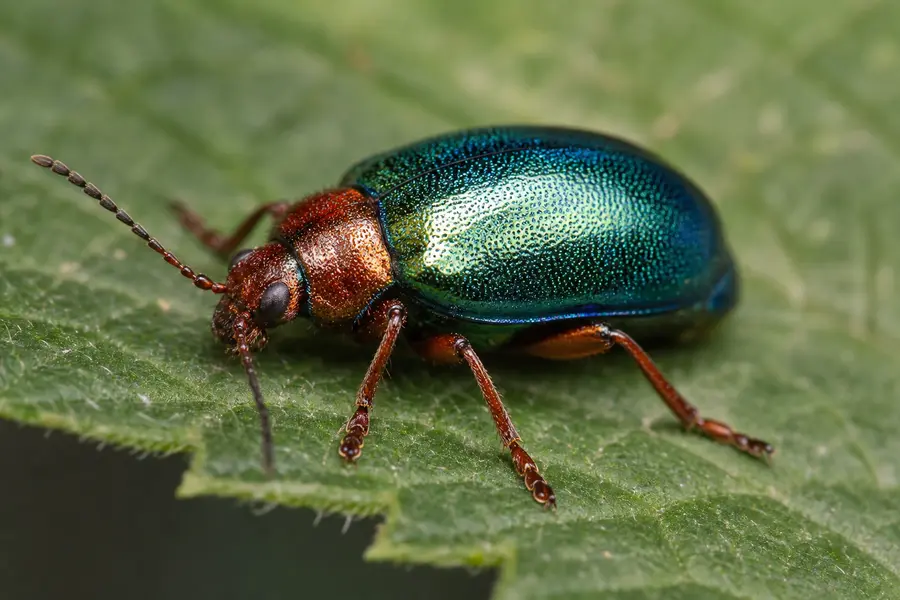 Macrofotografía de un escarabajo de colores sobre una hoja