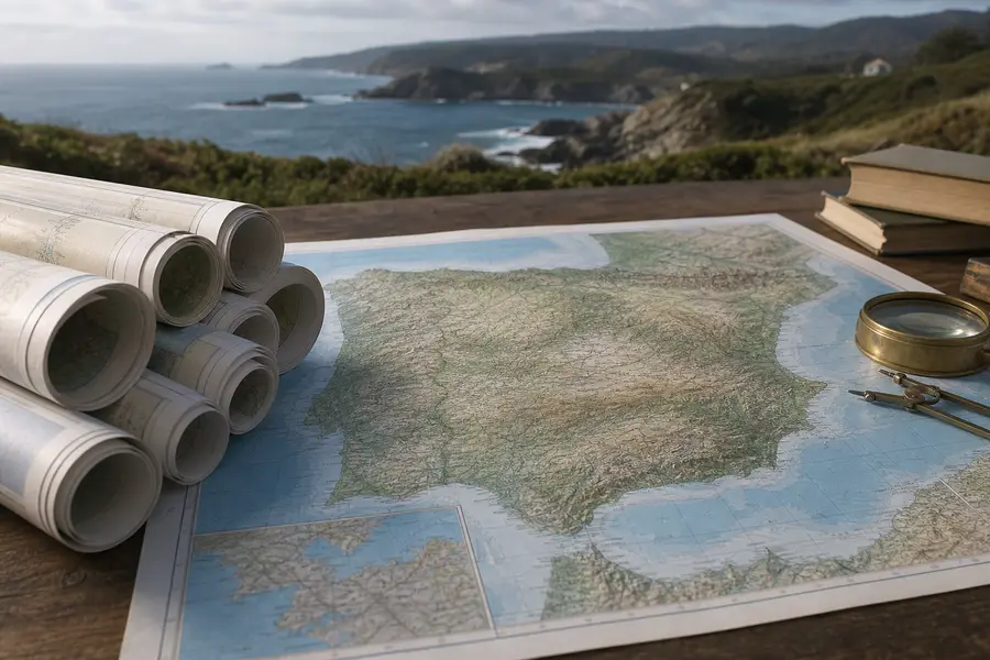 Mapas y cartas topográficas enrolladas sobre una mesa