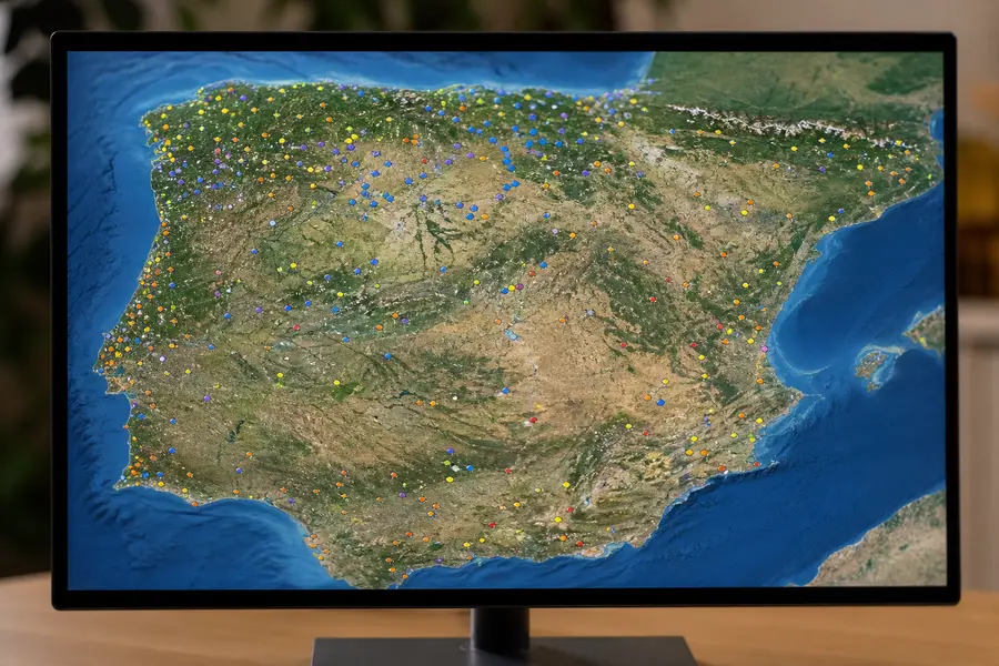 Pantalla de ordenador con un mapa de puntos sobre un paisaje
