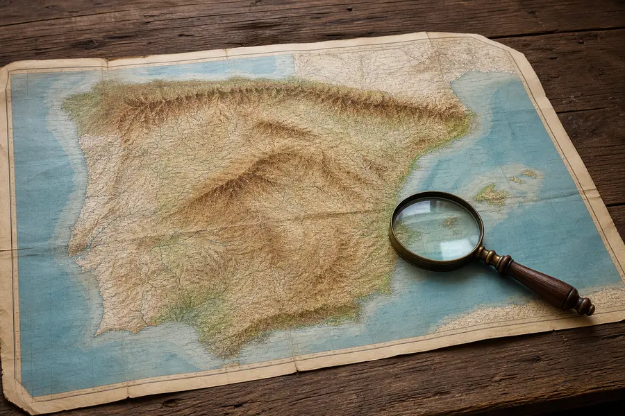 Mapa topográfico antiguo de España sobre una mesa con una lupa